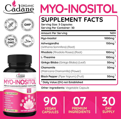 Organic Cadane Myo Inositol & Ashwagandha Capsules with Rhodiola, L-Theanine, Ginkgo Biloba, and More | Supports Body Balance & Digestive Health | Vegan, Non-GMO - 90 Capsules
