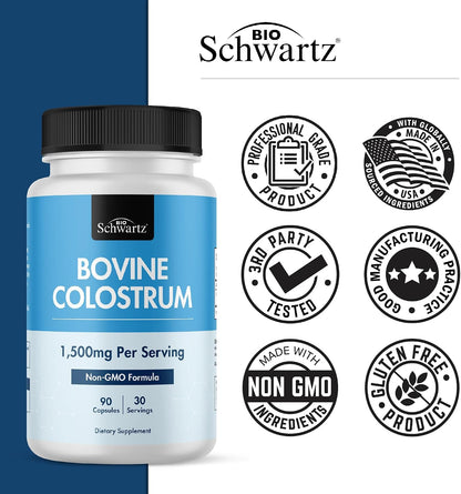 Colostrum Supplement Extra Strength 1500mg – Grass Fed Bovine Colostrum Capsules – Non-GMO, Gluten-free, 90 Count