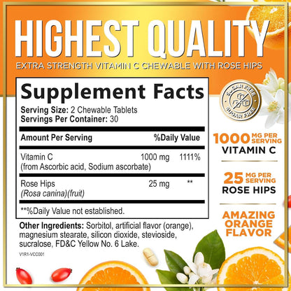 Hello Lovely! Vitamin C 1000mg Chewable Tablets with Rose Hips & Bioflavonoids