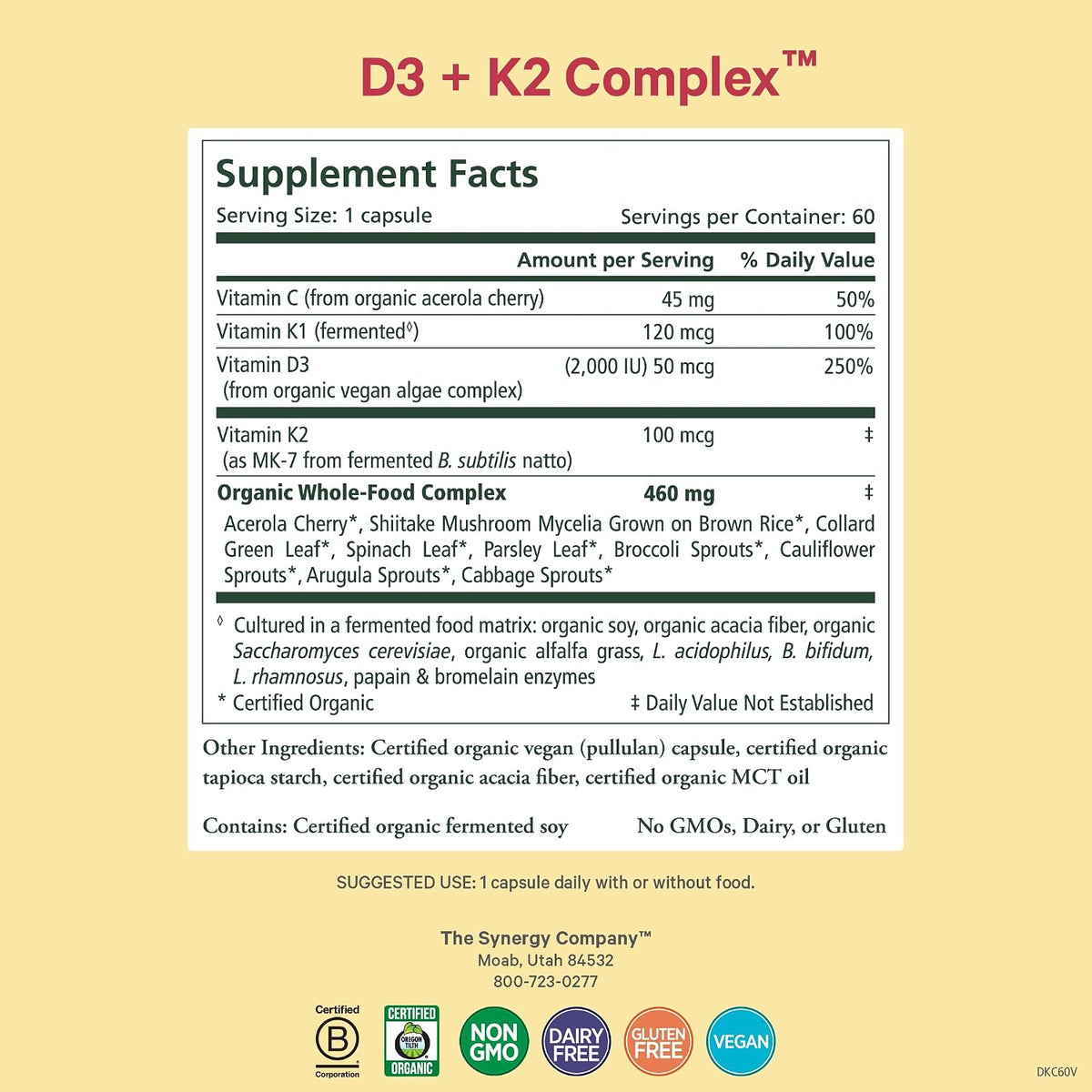 PURE SYNERGY D3 + K2 Complex | Vegan Vitamin D3 K2 Complex | Organic D3 Supplement with Vitamin K2 and K1 Plus Organic Whole Foods | Supports Bone, Brain and Immune Health (60 Capsules) - görsel 2