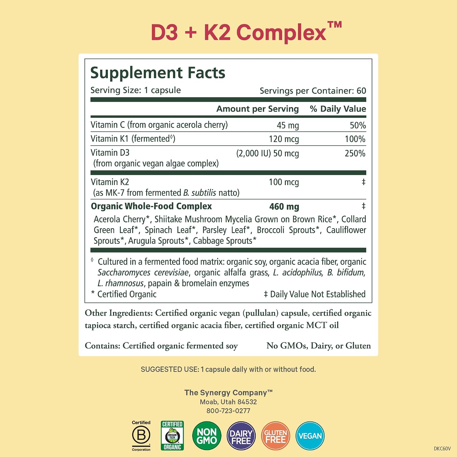 PURE SYNERGY D3 + K2 Complex | Vegan Vitamin D3 K2 Complex | Organic D3 Supplement with Vitamin K2 and K1 Plus Organic Whole Foods | Supports Bone, Brain and Immune Health (60 Capsules) - görsel 2