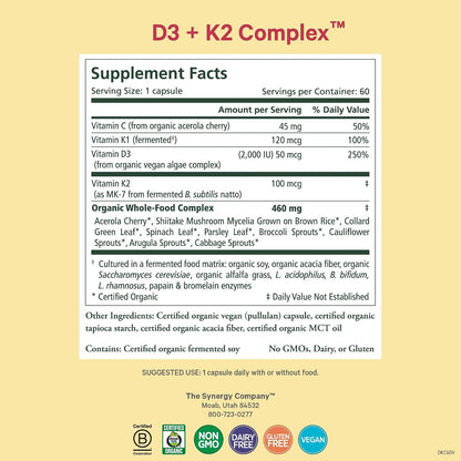 PURE SYNERGY D3 + K2 Complex | Vegan Vitamin D3 K2 Complex | Organic D3 Supplement with Vitamin K2 and K1 Plus Organic Whole Foods | Supports Bone, Brain and Immune Health (60 Capsules)