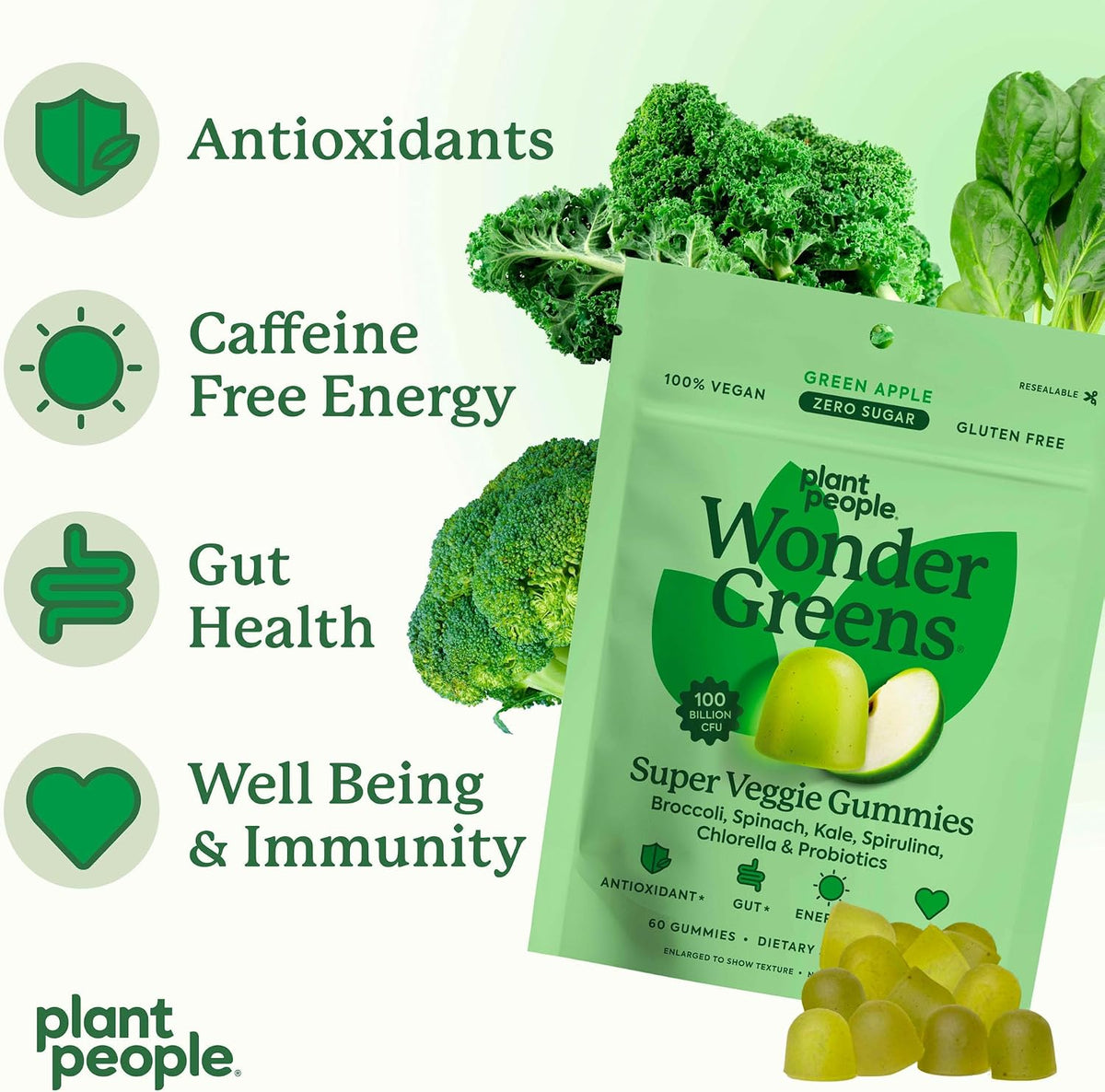 Plant People WonderGreens Veggie Gummies - Super Greens with Probiotics, Green Apple (60 Gummies) - görsel 4