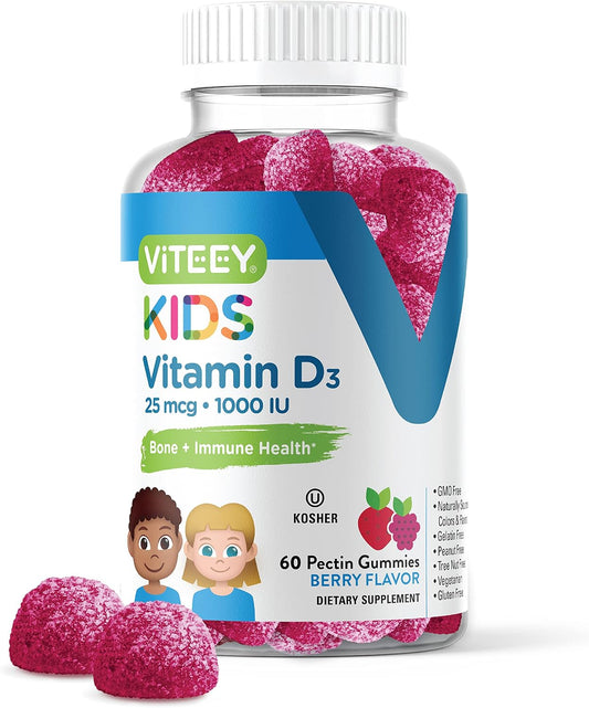 Viteey Vitamin D3 Children's Gummies 25mcg 1000 IU – Tasty Chewable Berry Flavoured | Bone Maintenance, Immune Function, Muscle Support – Vegetarian, Gelatine Free, Gluten-free, Non-GMO – 60 Count