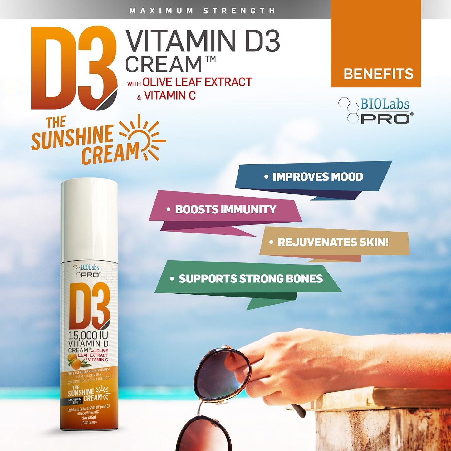 BIOLABS PRO All Natural Vitamin D3 15000IU Cream with Vitamin K2 & Olive Leaf Extract, 85 g - görsel 2