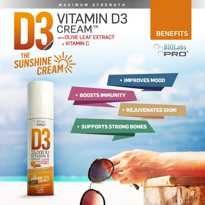 BIOLABS PRO All Natural Vitamin D3 15000IU Cream with Vitamin K2 & Olive Leaf Extract, 85 g