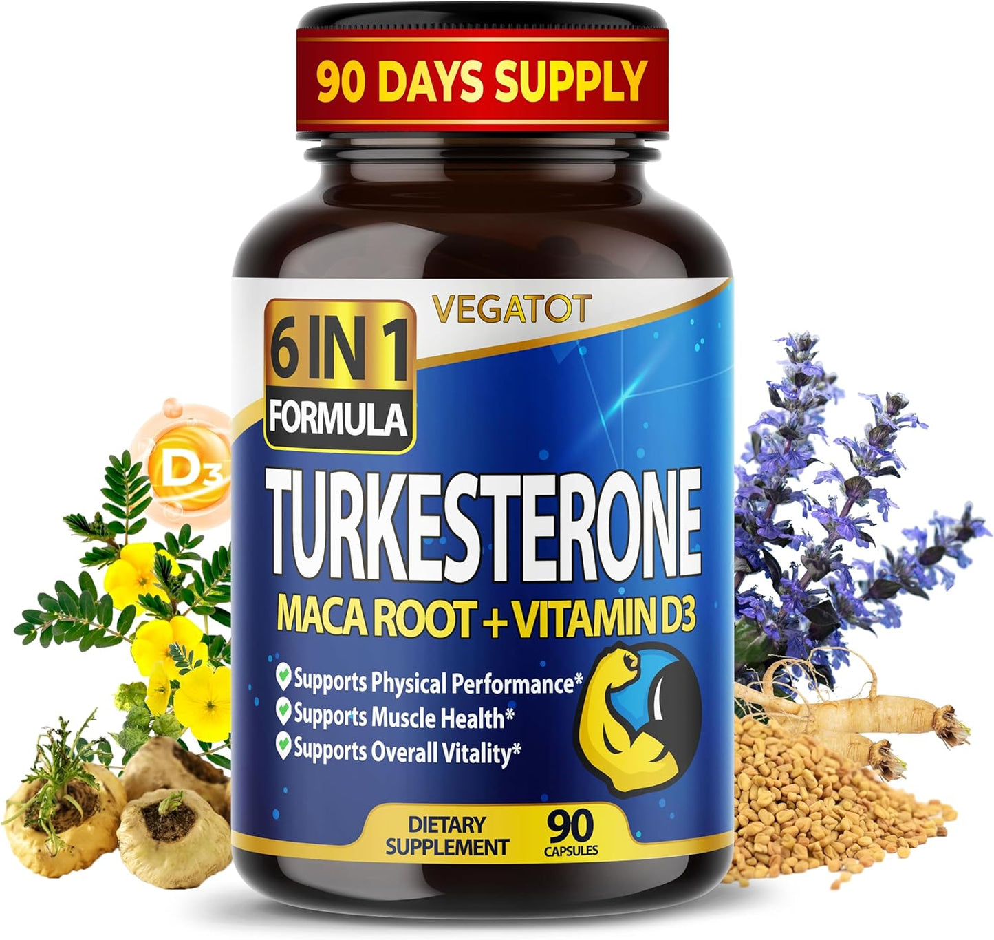 VEGATOT 6 in 1 High Strength Turkesterone with Maca Root, Fenugreek, Tribulus, Ginseng, and Vitamin D3 - 90 Capsules - görsel 1