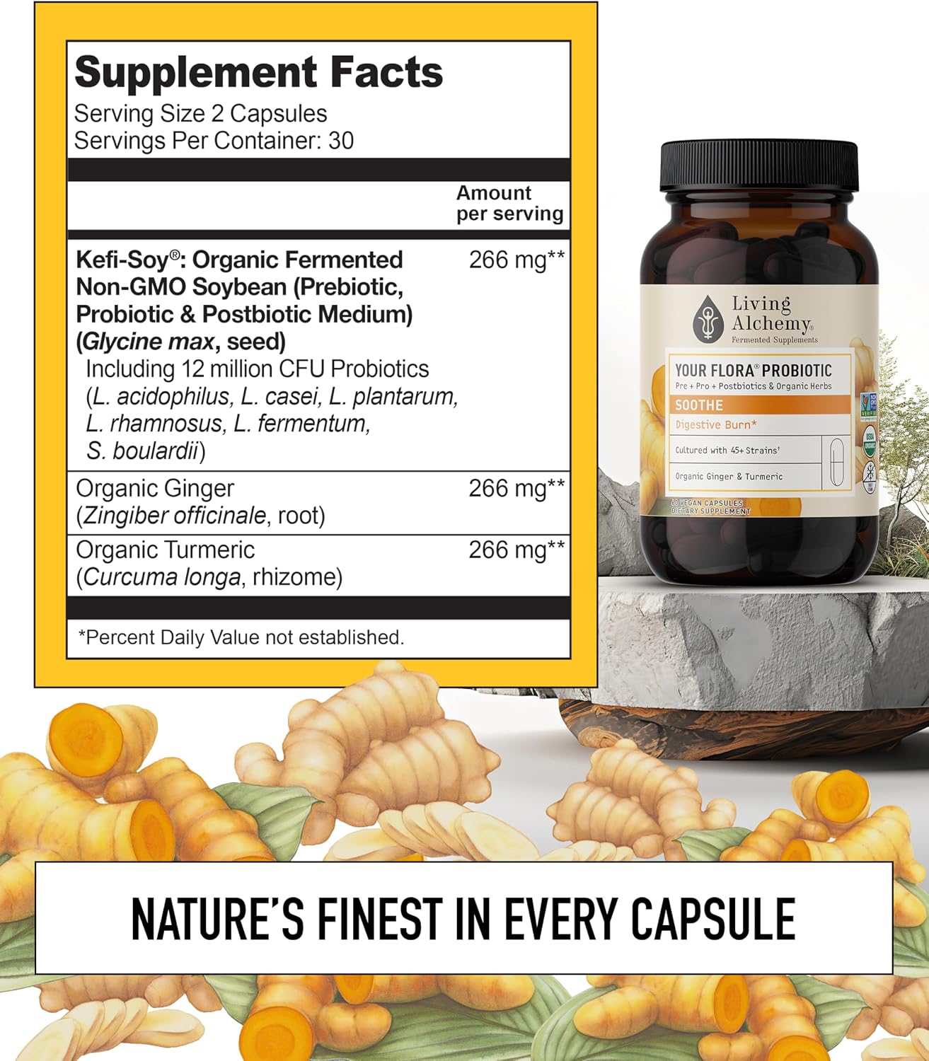 Your Flora Probiotic Soothe – Non-GM Probiotics with Fermented Soya, Ginger, & Turmeric for Gut Balance, Digestion & Support – 60 Capsules - görsel 2