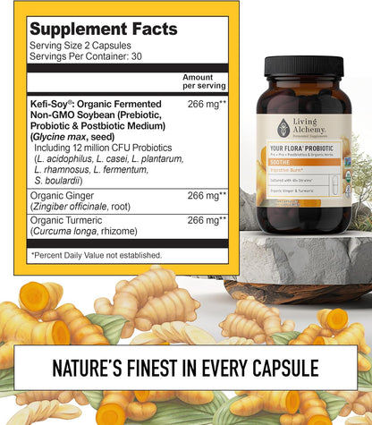 Your Flora Probiotic Soothe – Non-GM Probiotics with Fermented Soya, Ginger, & Turmeric for Gut Balance, Digestion & Support – 60 Capsules