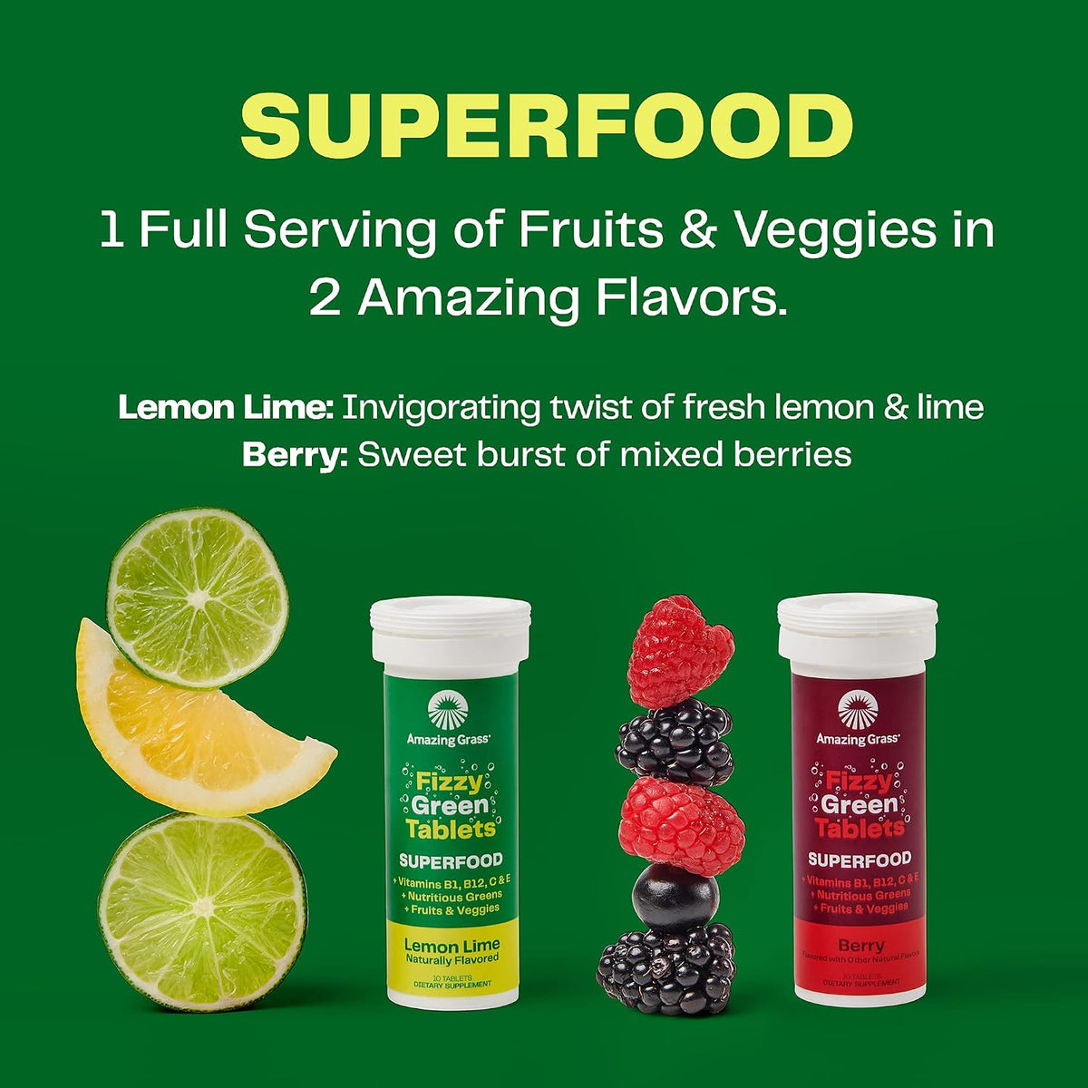 Amazing Grass Fizzy Green Tablets Superfood: Organic Green Superfood Fizzy Tablets, Lemon Lime, 30 Tablets (3 Tubes) - görsel 5