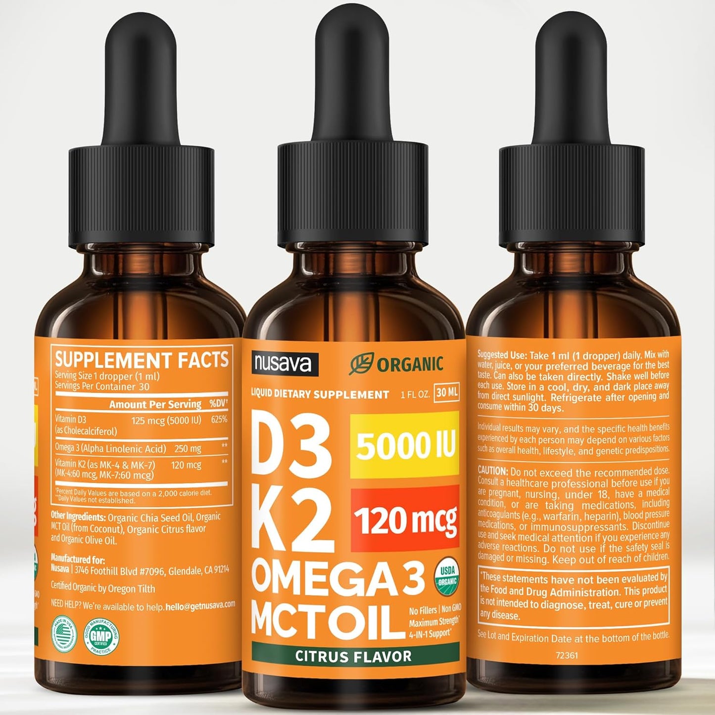 (2 Pack) Organic Vitamin D3 K2 Drops with MCT Oil & Omega-3 – Liquid Vitamin D3 5000 IU – K2 D3 Vitamin Supplement – Vitamin D Drops for Women & Men – No Fillers, Non-GMO, GMP, Citrus Flavour (60 ml) - görsel 8