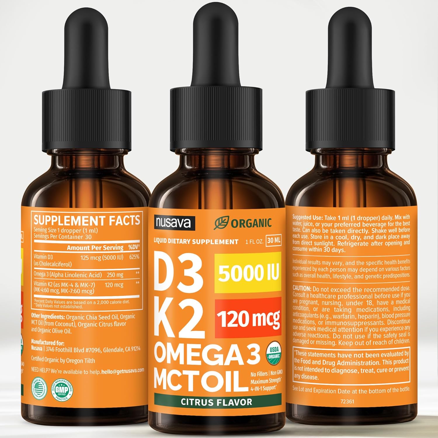 (2 Pack) Organic Vitamin D3 K2 Drops with MCT Oil & Omega-3 – Liquid Vitamin D3 5000 IU – K2 D3 Vitamin Supplement – Vitamin D Drops for Women & Men – No Fillers, Non-GMO, GMP, Citrus Flavour (60 ml) - görsel 8