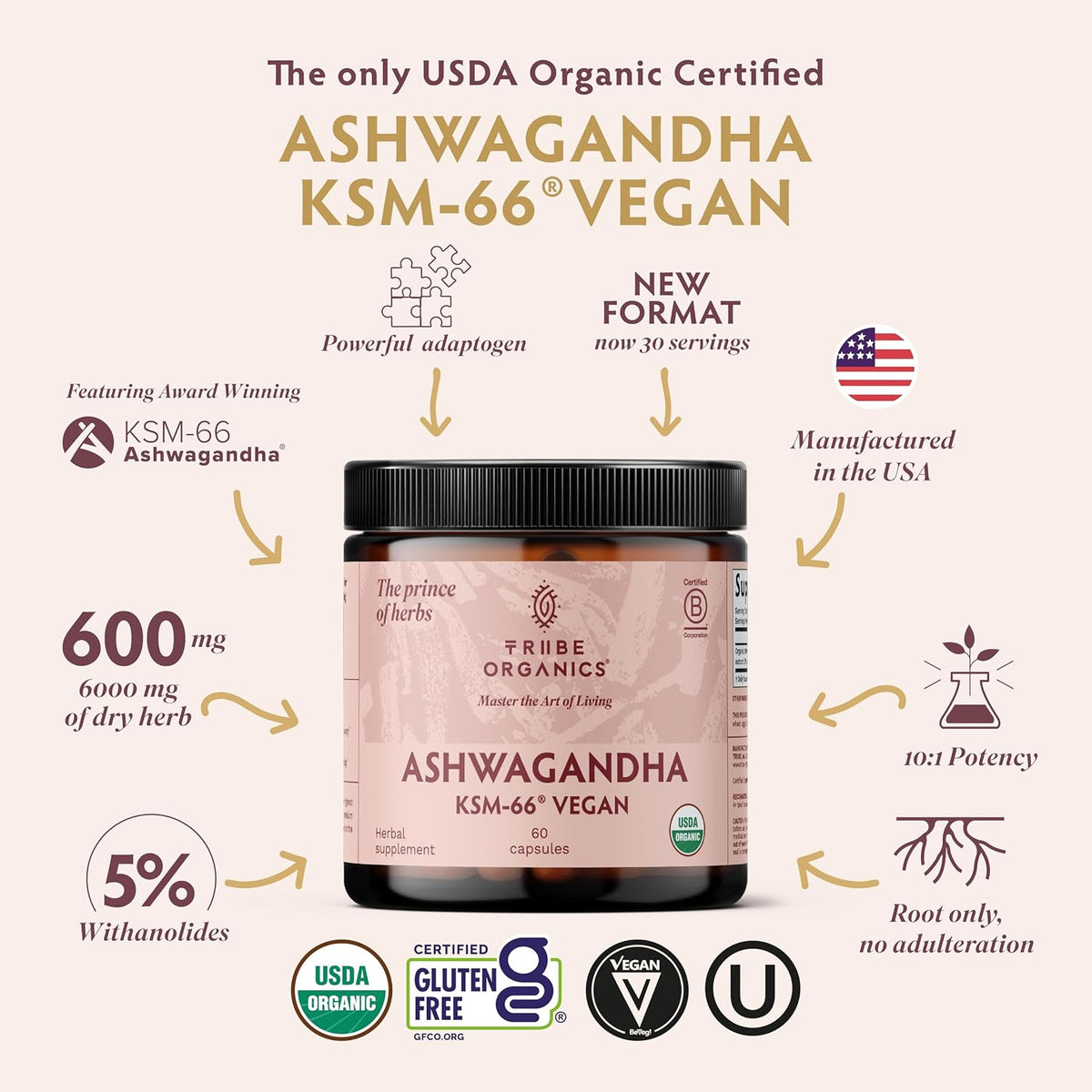 TRIBE ORGANICS Vegan Ashwagandha KSM-66 - 600mg - 60 Capsules - görsel 2