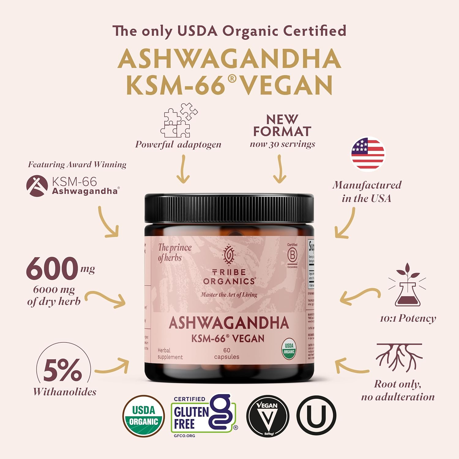 TRIBE ORGANICS Vegan Ashwagandha KSM-66 - 600mg - 60 Capsules - görsel 2
