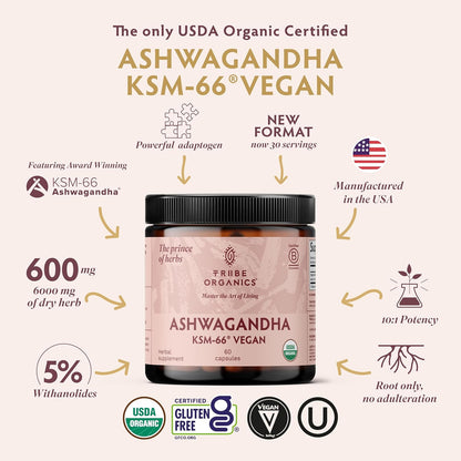 TRIBE ORGANICS Vegan Ashwagandha KSM-66 - 600mg - 60 Capsules