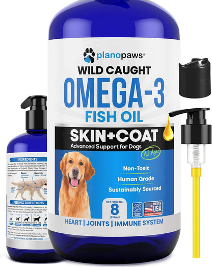 PlanoPaws Omega 3 Fish Oil for Dogs - Liquid Supplement for Skin and Coat, Joints, Brain and Heart Health