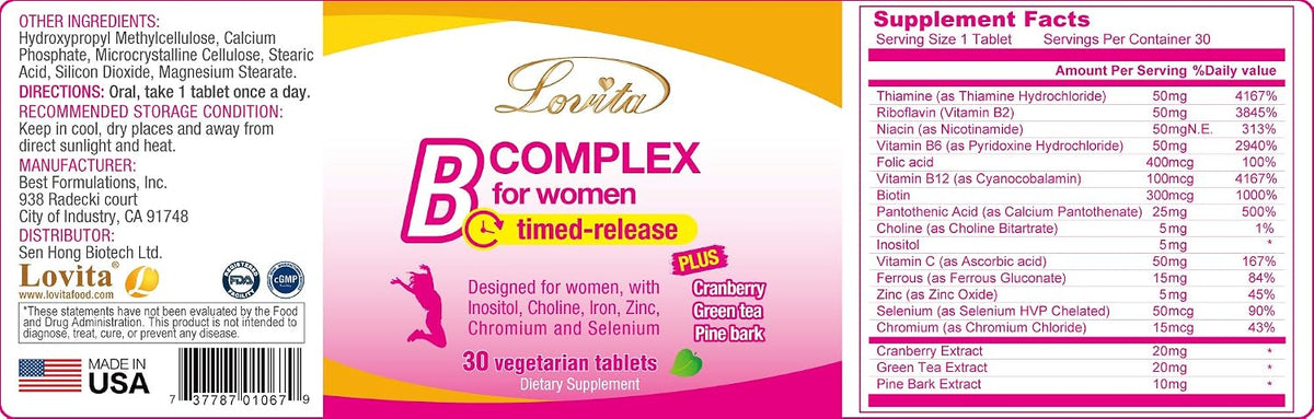 LOVITA B Complex for Women - High Potency Timed Release with Iron, Vitamin C, Cranberry, Pine Bark, Green Tea - görsel 5