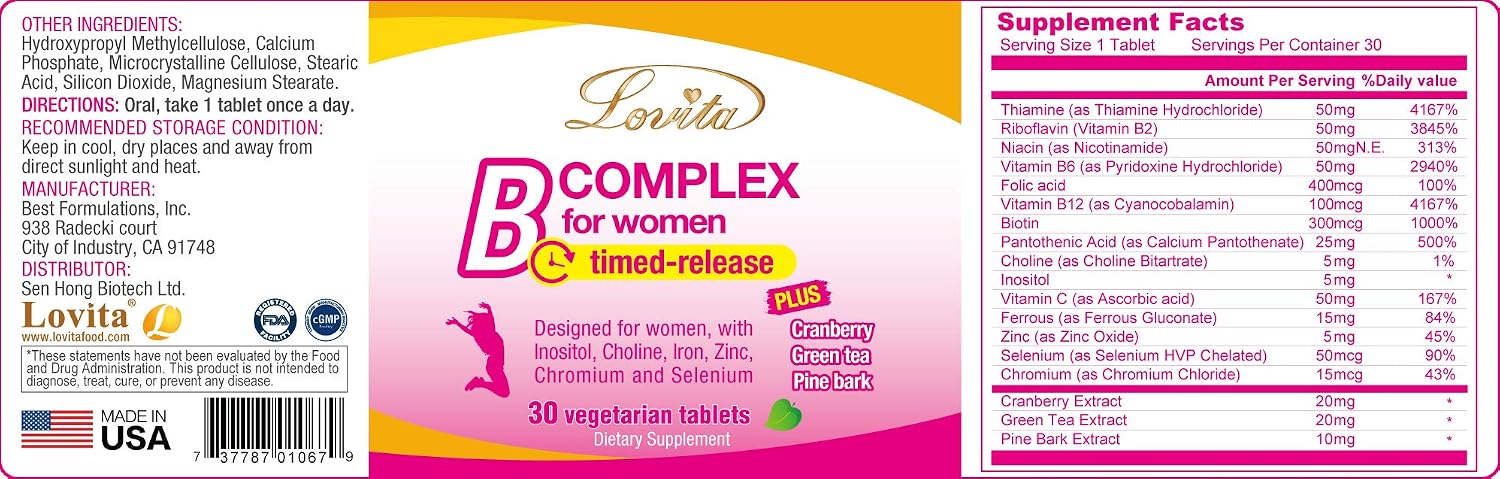 LOVITA High Potency Vitamin B Complex for Women – Time Release with Iron, Vitamin C, Cranberry, Pine Bark, Green Tea (Pack of 3, 90 Tablets) - görsel 5
