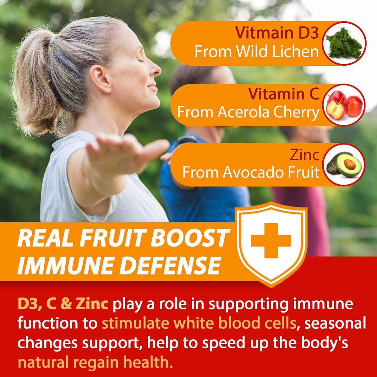 Sugar Free Vitamin C + D3 + Zinc Gummies for Adults 50+, 9 in 1 Immune Defence Supplement with D3 5000IU, Elderberry, Echinacea, Mullein Leaf - Vegan (Pack of 1) - görsel 3