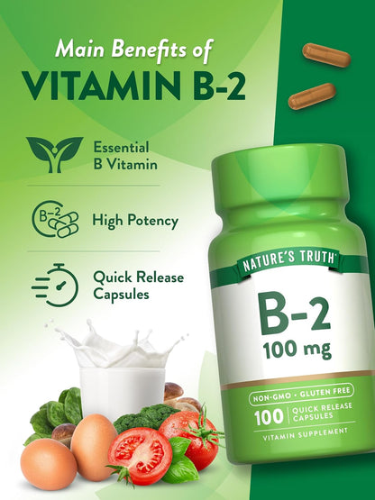 Nature's Truth B2 Vitamin | 100mg | 100 Capsules | Non-GMO & Gluten-free Supplement | Riboflavin