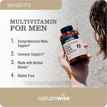 NatureWise Multivitamin for Men - Daily Male Support - Minerals & Herbs for Energy, Performance, Immunity - with Vitamin A, C, D, B-Complex - Soya & Gluten-free, Non-GMO - 90 Capsules (45-Day Supply)