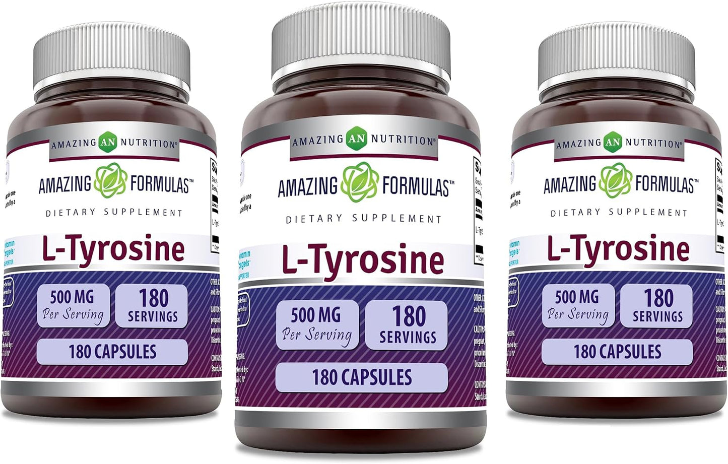 Amazing Formulae L-Tyrosine 500 mg Capsules - Amino Acid Supplement - Non-GM, Gluten-free - 3 Pack (180 Count) - görsel 1