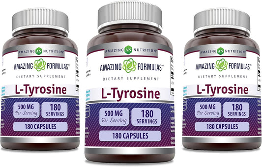 Amazing Formulae L-Tyrosine 500 mg Capsules - Amino Acid Supplement - Non-GM, Gluten-free - 3 Pack (180 Count)