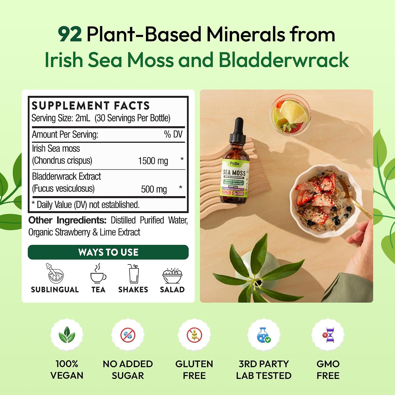 Pella Nutrition Sea Moss Drops with Bladderwrack – Liquid Supplement for Immune & Digestive Support (Strawberry Lime, 60ml) - görsel 4