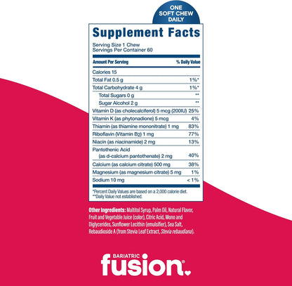 Bariatric Fusion Bariatric Calcium Supplement Chews | Calcium Citrate with Vitamin D3 Bariatric Vitamin | Sugar-Free Chewable | 500mg | Strawberry | 60 Chews