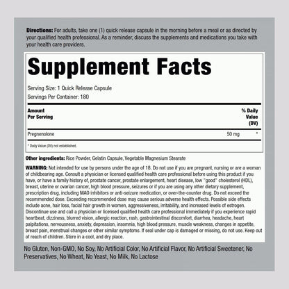 Piping Rock Pregnenolone 50 mg, 180 Capsules | Hormone Support Supplement
