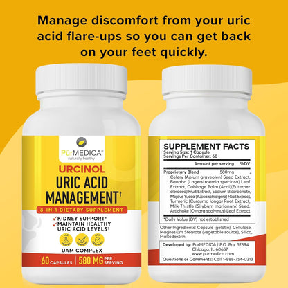 PurMEDICA Urcinol Uric Acid Food Supplement for Joint Support - 60 Capsules