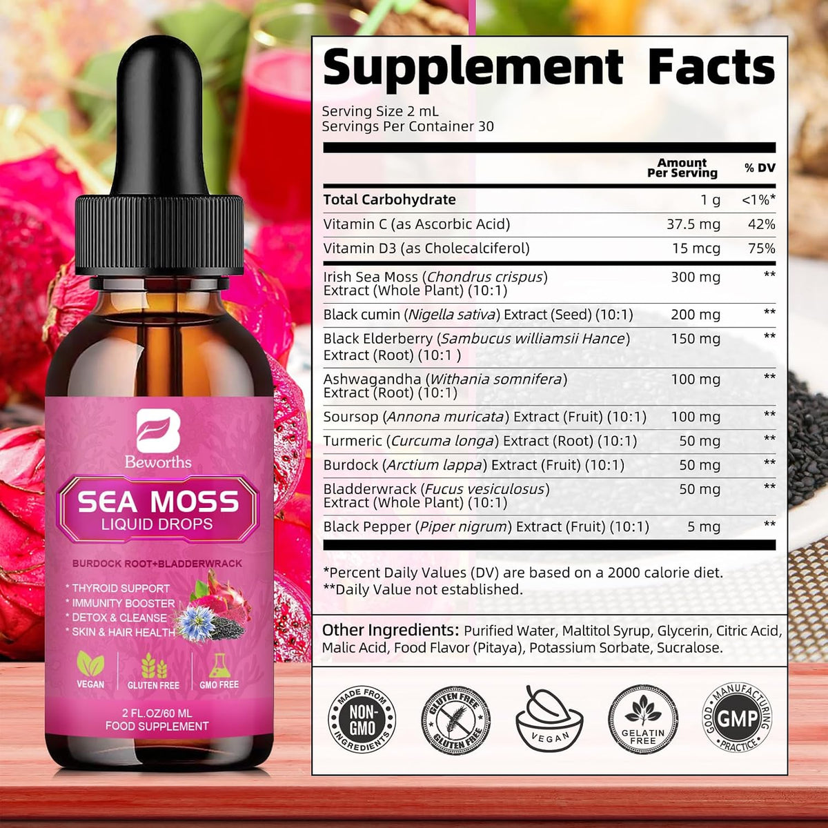 B BEWORTHS Organic Sea Moss Liquid Drops with Black Seed Oil, Elderberry & Ashwagandha - görsel 9