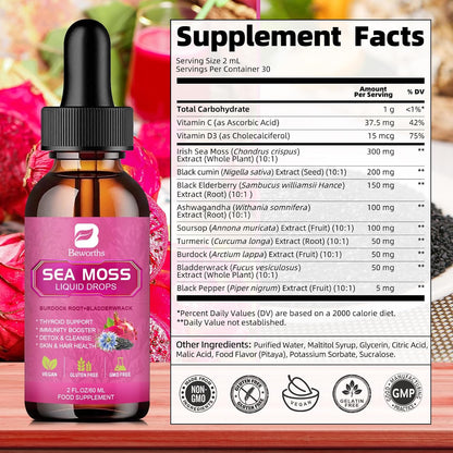 B BEWORTHS Organic Sea Moss Liquid Drops with Black Seed Oil, Elderberry & Ashwagandha