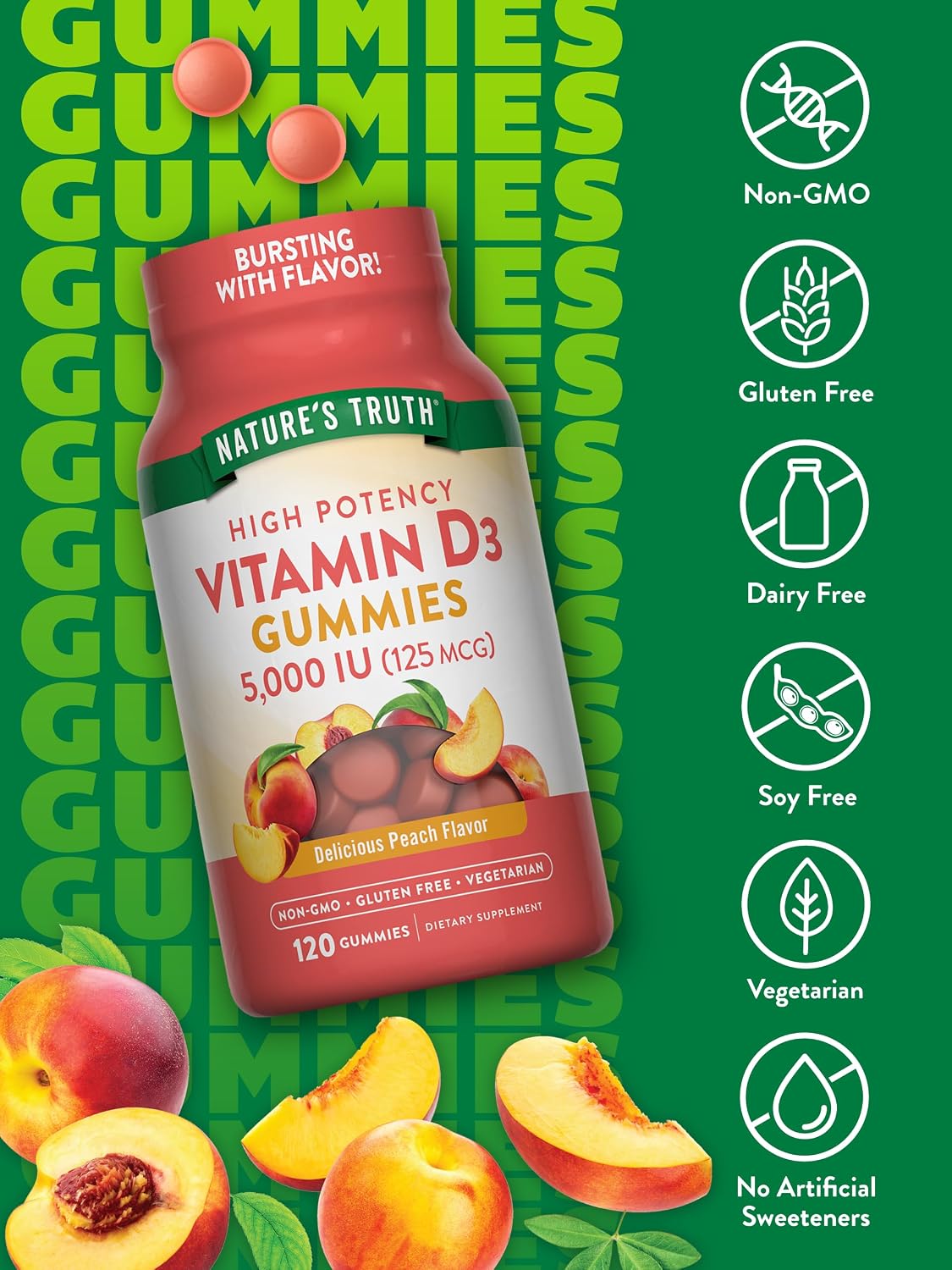 Nature's Truth Vitamin D3 Gummies, 5000 IU - 120 Gummies, Vegetarian, Non-GMO, Gluten-Free, Natural Peach Flavour - görsel 3