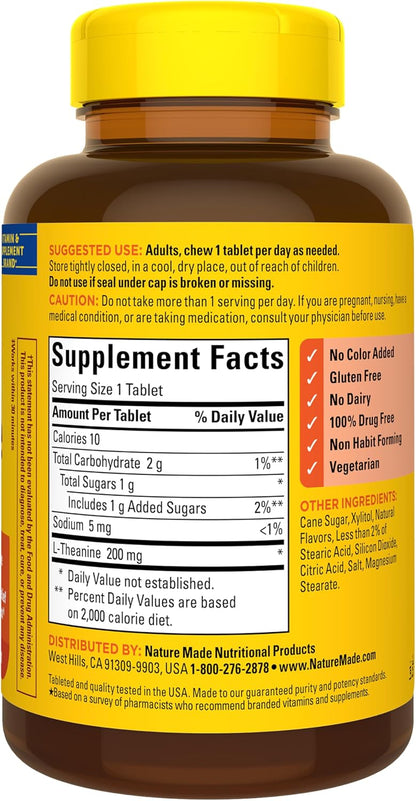 Nature Made Chewable L-Theanine 200mg, 50 Chewable Tablets for Stress Relief