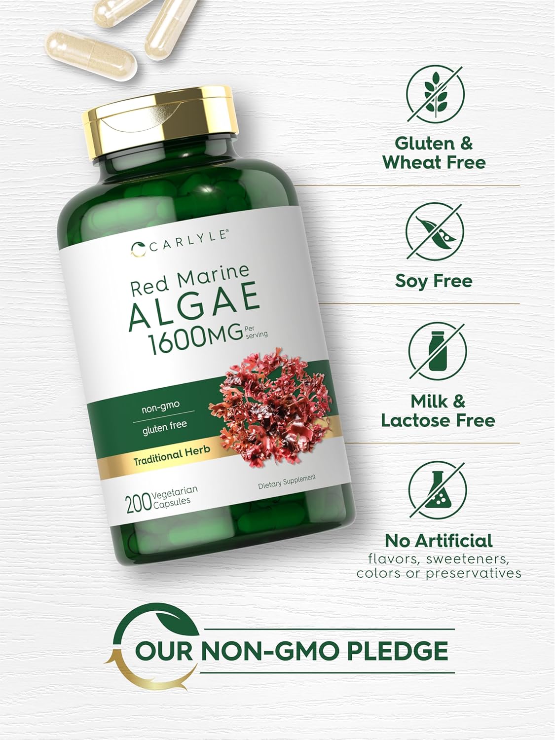 Carlyle Red Marine Algae 1600mg with Calcium, Magnesium and Vitamin D3 - 200 Capsules - görsel 5
