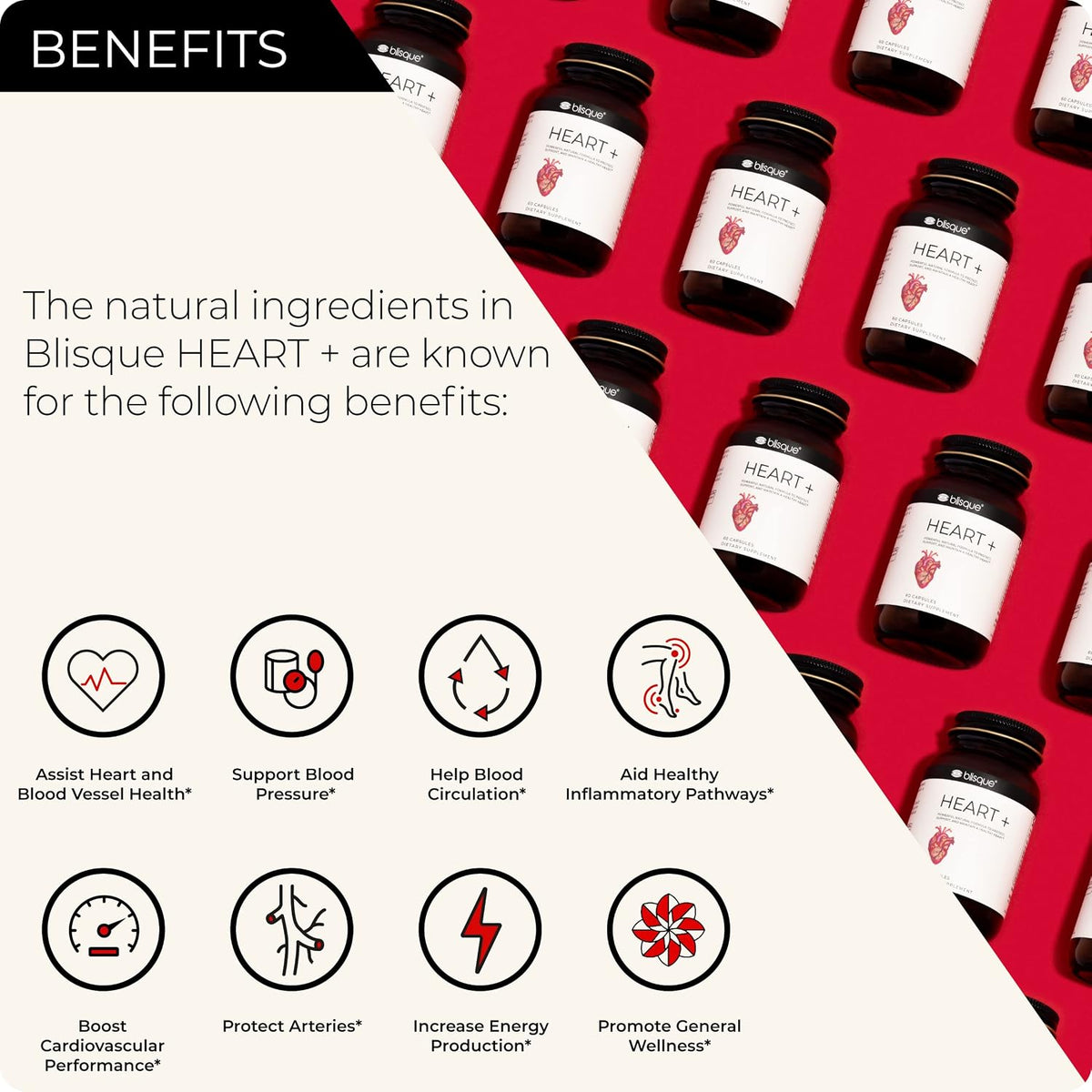 Blisque HEART+ – Natural Blood Pressure Support Supplement with CoQ10, Hawthorn Berry, Beet Root, Turmeric, 90 Capsules - görsel 2