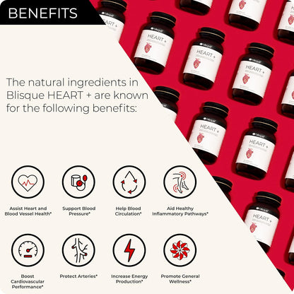 Blisque HEART+ – Natural Blood Pressure Support Supplement with CoQ10, Hawthorn Berry, Beet Root, Turmeric, 90 Capsules