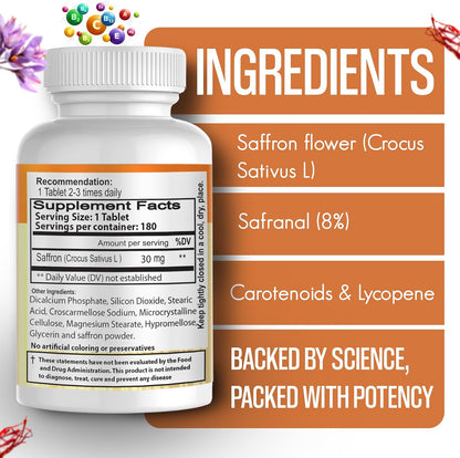 Saffron Dietary Supplement - Mood Support - Naturally Feel Upbeat - No Withdrawal Effects - Greater Emotional Wellbeing - 100% Herbal and Natural, 180 Tablets