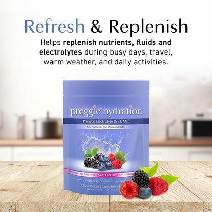 Three Lollies Preggie Hydration Packets for Pregnant Women, Electrolyte Drink Mix with Vitamin B6, Pregnancy Hydration Powder for Mum-to-Be, Mixed Berry Flavour, 20 Single-Serve Packets