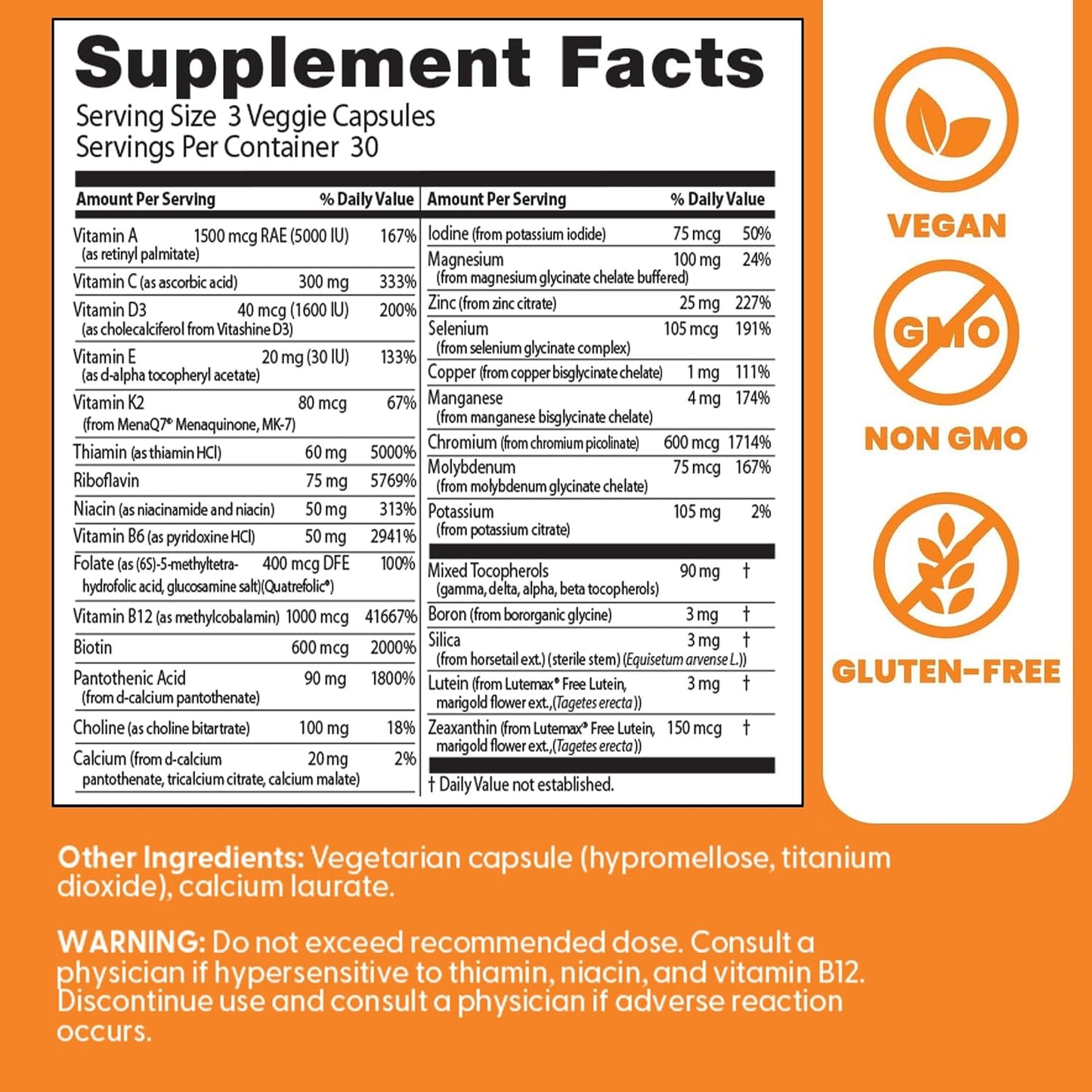 Doctor's Best Multivitamin Mineral Complex - Daily Vegan Multivitamin for Women & Men, Vitamins A, C, D3, E, K2, Riboflavin, & Niacin, Health Support Supplement for Adults, Non-GM, Gluten-Free - 90 Veg Capsules - görsel 2
