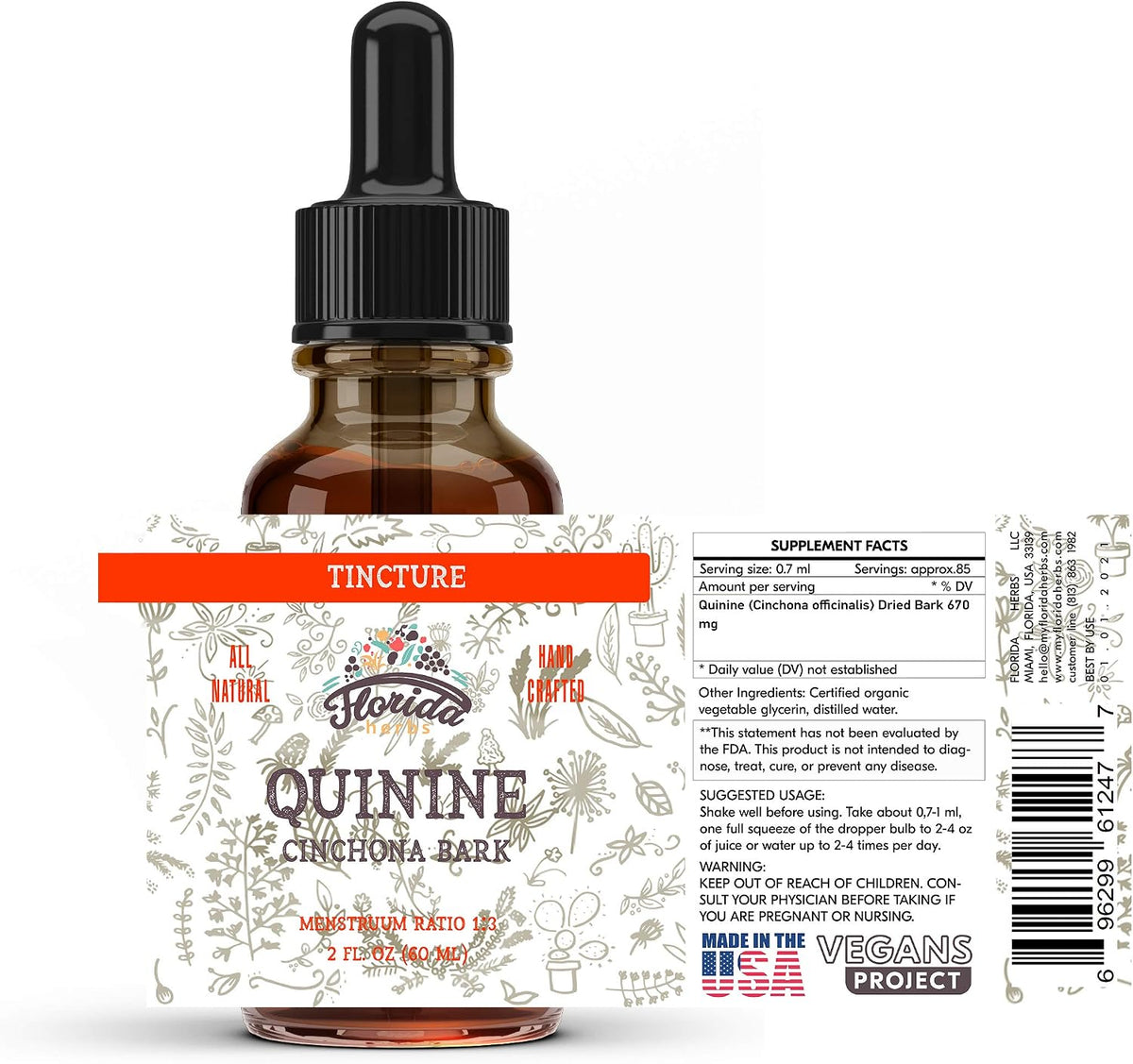 FLORIDA HERBS Quinine Tincture Extract – Cinchona officinalis Dried Bark Herbal Supplement, Non-GMO, Gluten-free, 60 ml - görsel 5