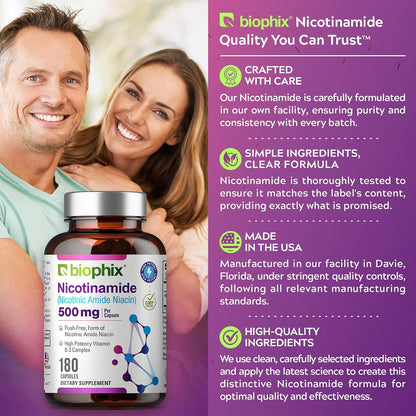 biophix B-3 Nicotinamide 500 mg, 180 Capsules – Flush-Free Vitamin B3 Supplement