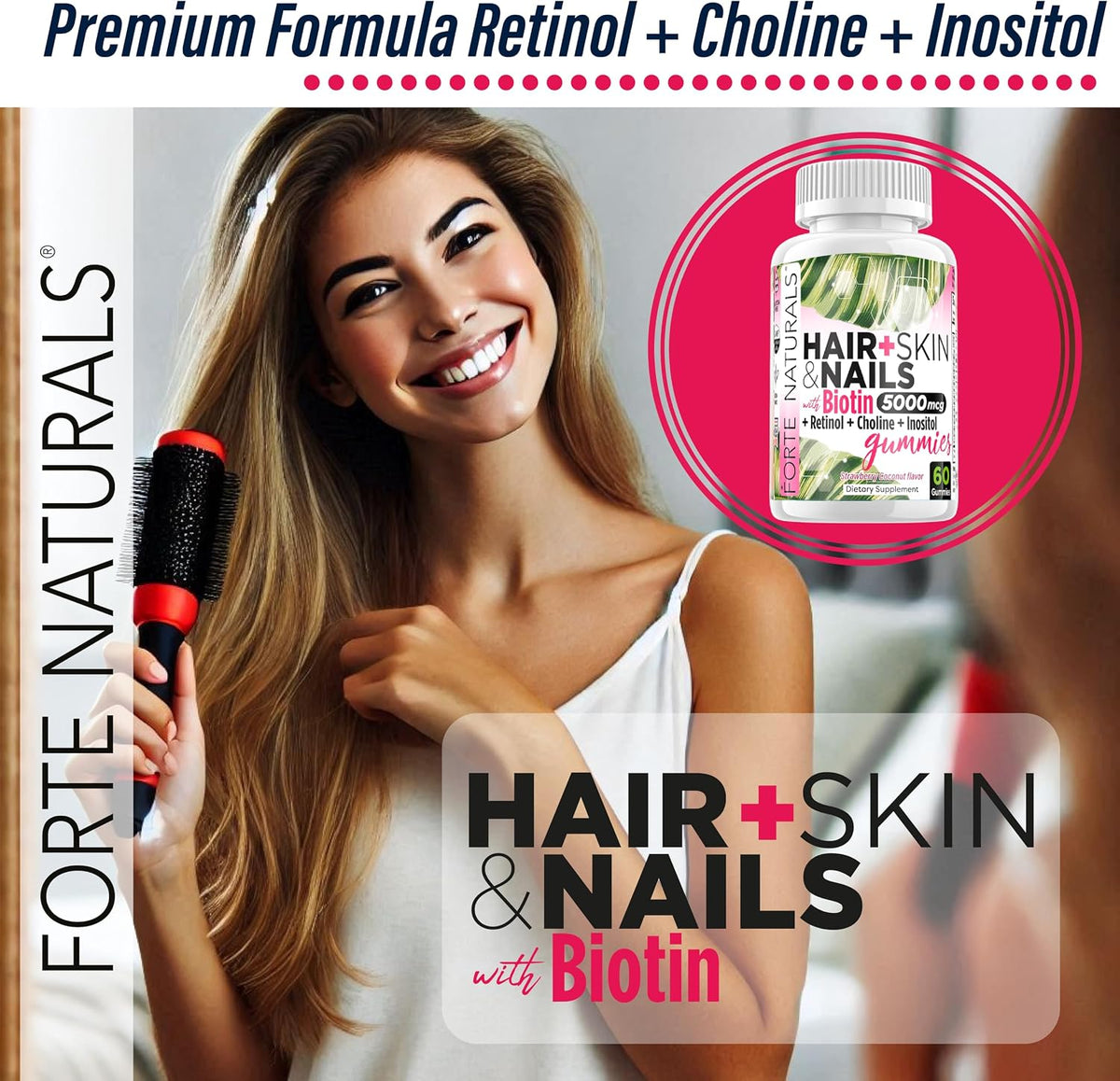 FORTE NATURALS Hair, Skin & Nails Biotin Gummies - 5,000mcg, Sugar-Free, Vegan, 60 Count - görsel 5