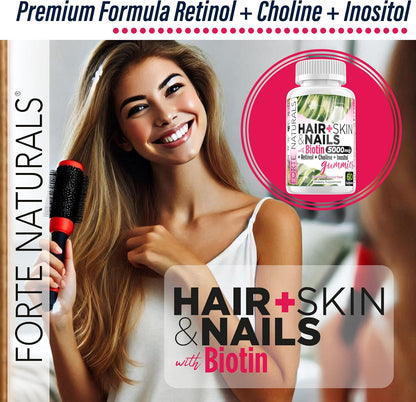 FORTE NATURALS Hair, Skin & Nails Biotin Gummies - 5,000mcg, Sugar-Free, Vegan, 60 Count