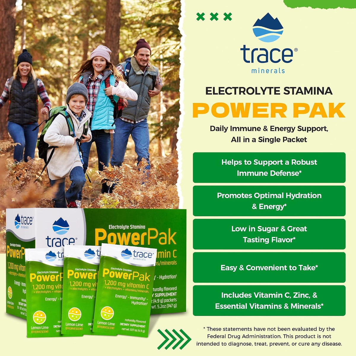 Trace Minerals Power Pak Electrolyte Powder Packets - 1200 mg Vitamin C, Zinc, Magnesium - Lemon & Lime - 60 Packets - görsel 2
