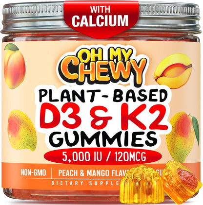 OH MY CHEWY Double-Flavoured Vitamin D3 K2 & Calcium Gummies - 5000 IU D3, 120 mcg K2 (MK-7), 120 mg Calcium - Vegan & Non-GMO - 60 Count