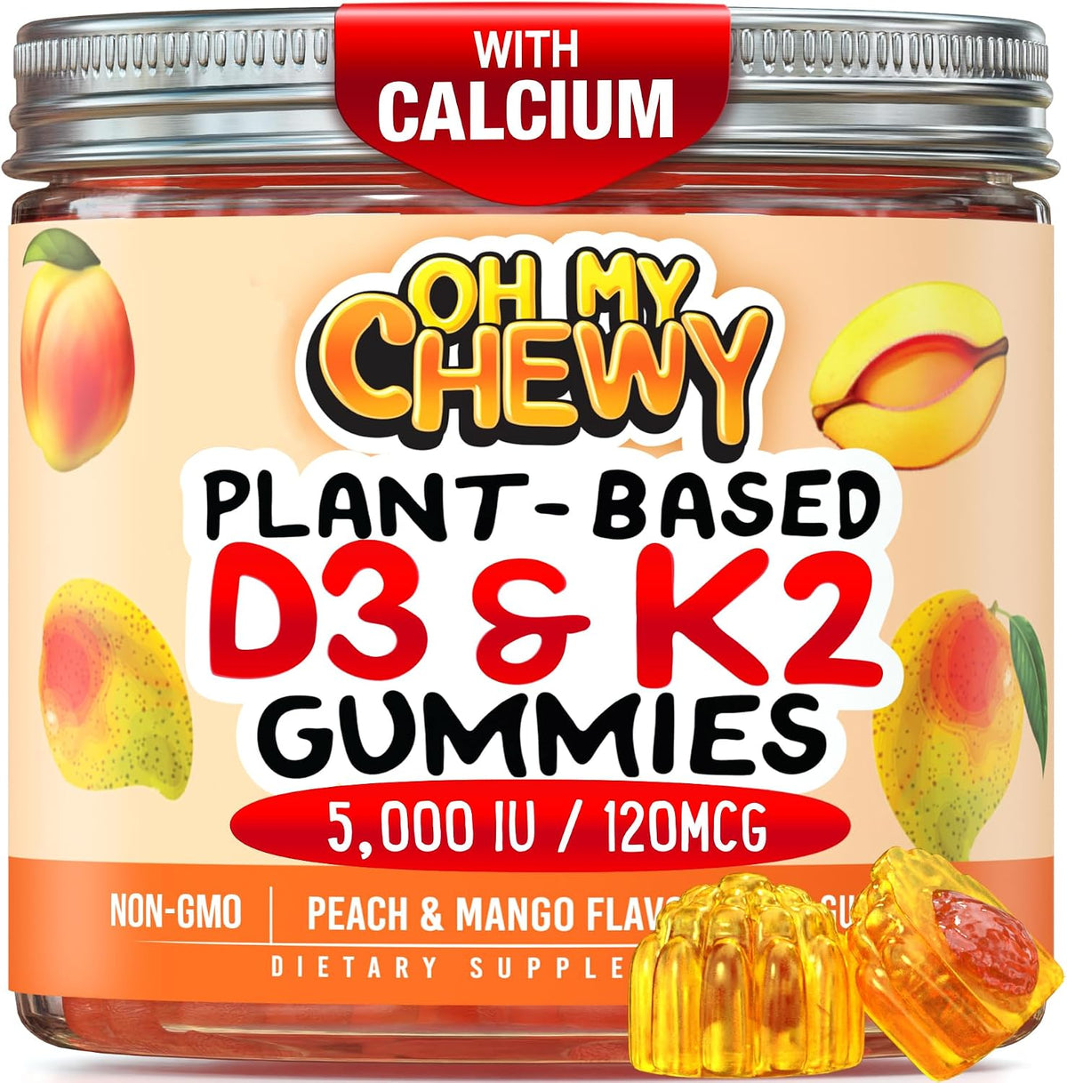 OH MY CHEWY Double-Flavoured Vitamin D3 K2 & Calcium Gummies – 5000 IU D3, 120 mcg K2 (MK-7), 120 mg Calcium – Vegan, Non-GMO – 120 Count - görsel 8