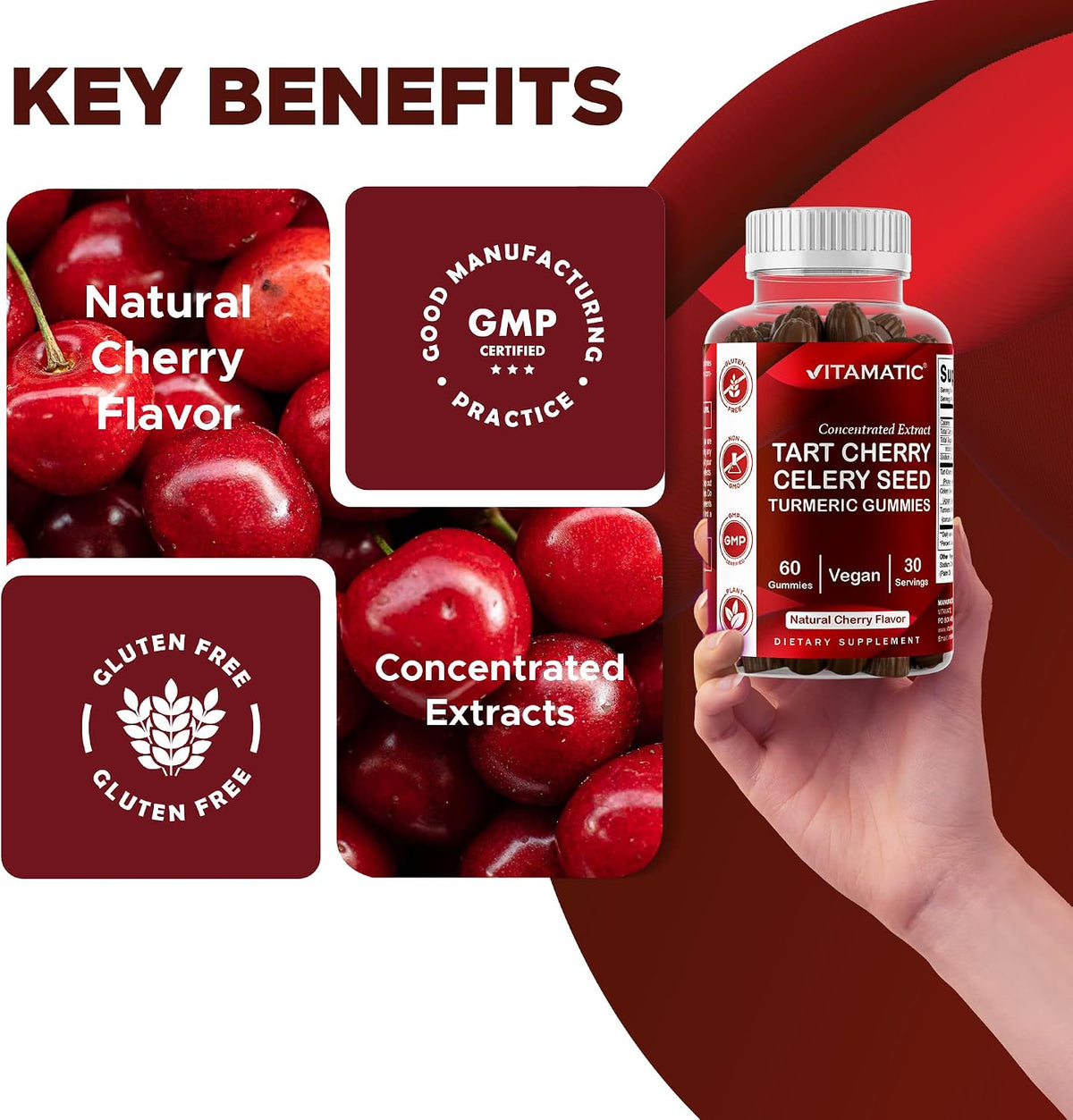 Vitamatic Tart Cherry Gummies with Celery Seed & Turmeric - 3-in-1 Formula, 60 Gummies (Pack of 2) - görsel 7