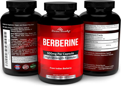 Divine Bounty Pure Berberine Complex - 600mg Berberine HCl Food Supplement - 60 Vegetarian Capsules